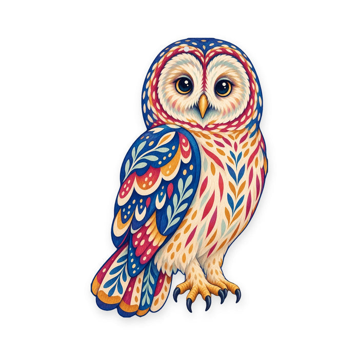 Barred Owl folk art ornament O301 on white, laser-cut maple wood, made in USA