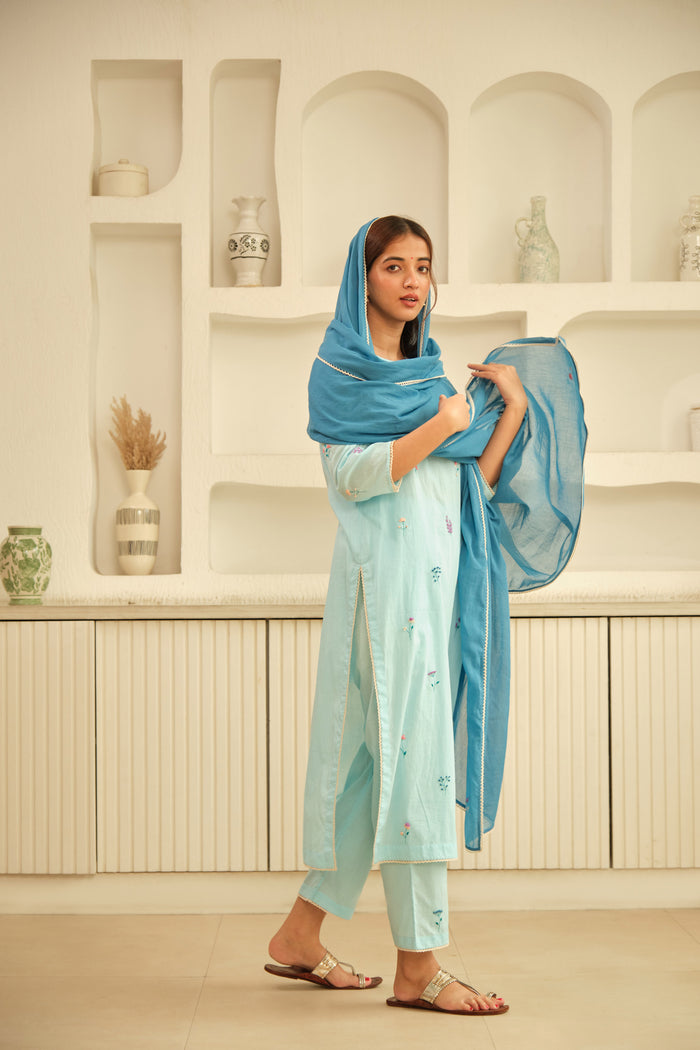 Blue Hand Embroidered Cotton Dupatta