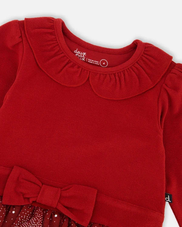 Deux Par Deux Bi-Material Dress with Glitter Skirt - Jester Red