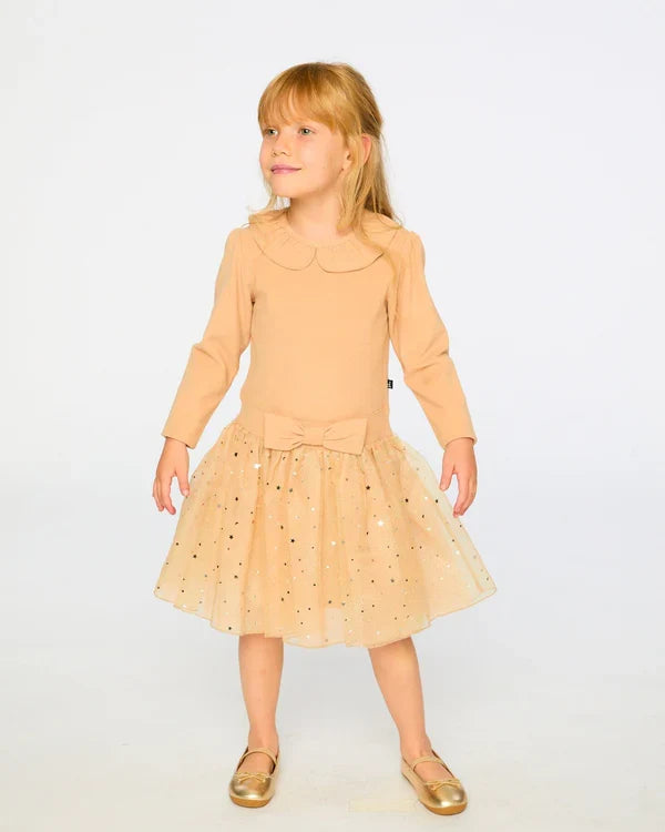 Deux Par Deux Bi-Material Dress with Glitter Skirt - Sesame/Beige