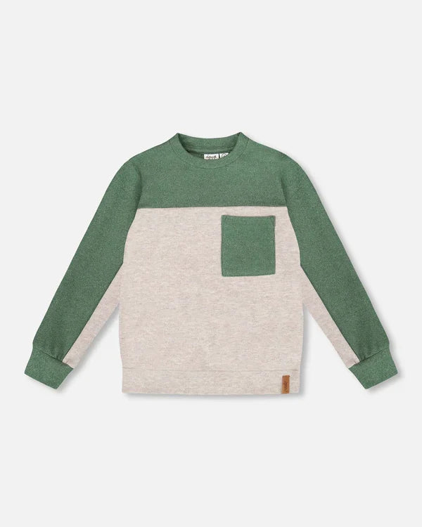 Deux Par Deux Color Block Brushed Jersey Top - Heathered Beige/Green