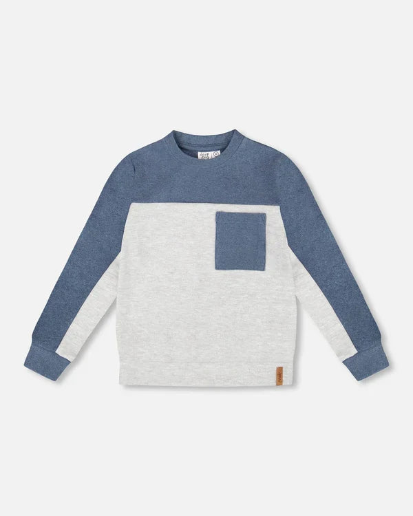 Deux Par Deux Color Block Brushed Jersey Top - Light Heathered Grey/Blue