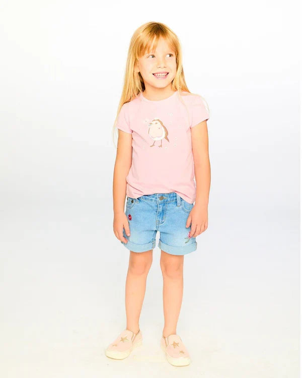 Deux Par Deux Denim Shorts with Embroidery - Light Blue Denim
