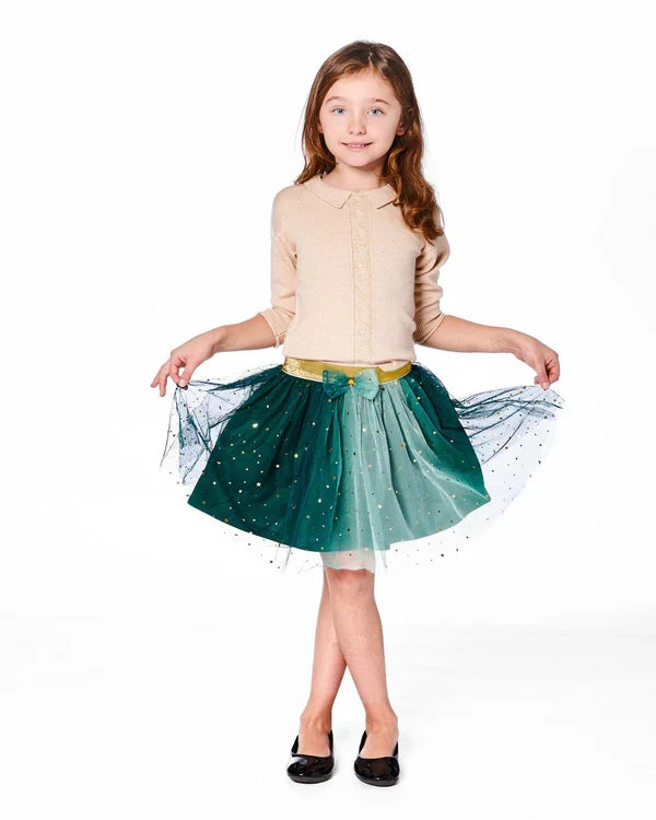 Deux Par Deux Gradiant Mesh Skirt with Bow - June Bug Forest Green