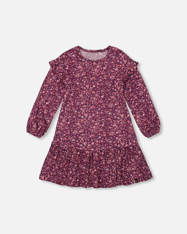 Deux Par Deux Jersey Frill Dress - Mini Flowers Burgundy