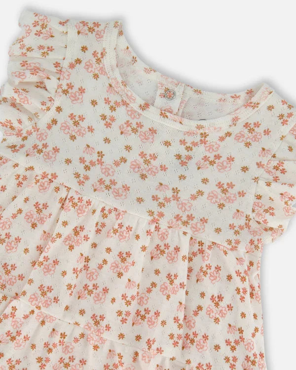 Deux Par Deux Jersey Pointelle Romper - Printed Pink Ditsy Flowers