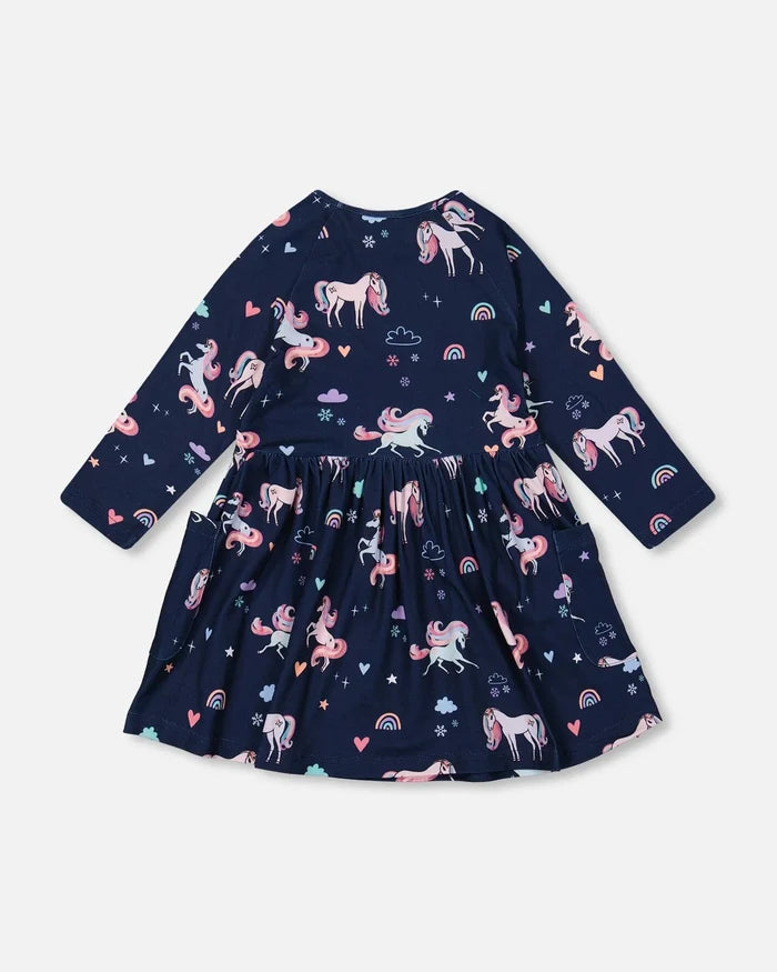 Deux Par Deux Jersey Printed Pockets Dress - Navy Unicorn