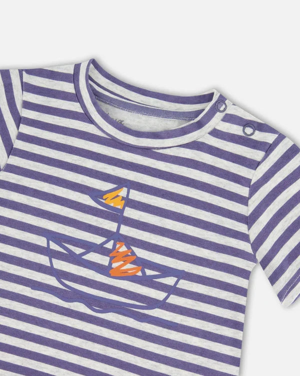 Deux Par Deux Jersey Top & Muslin Pant Set - Printed Blue Stripe Navy