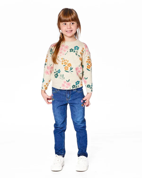 Deux Par Deux Knit Sweater - Oatmeal Beige Floral Print