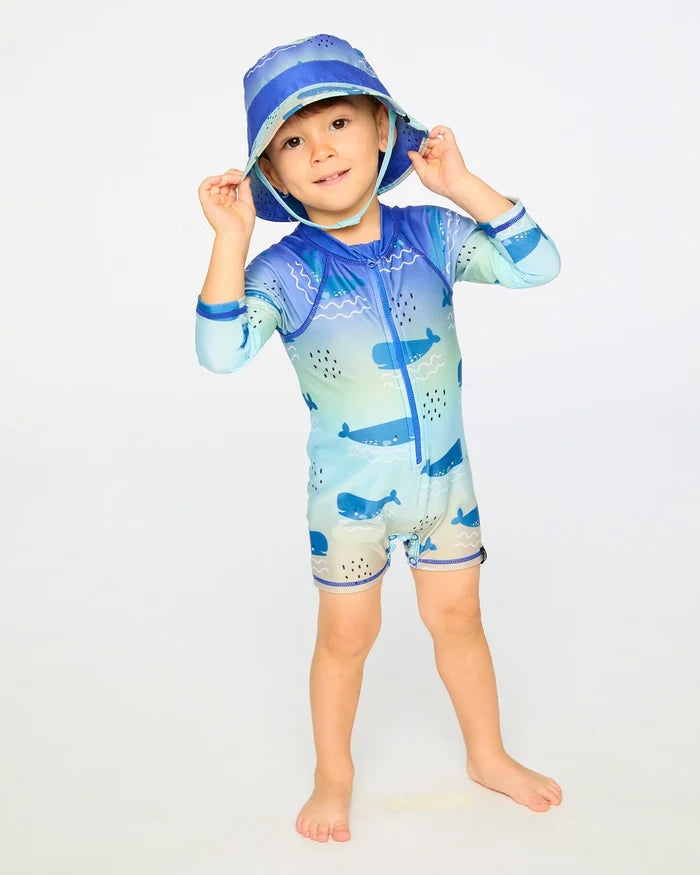 Deux Par Deux Long Sleeve One-Piece Rashguard - Blue Whale