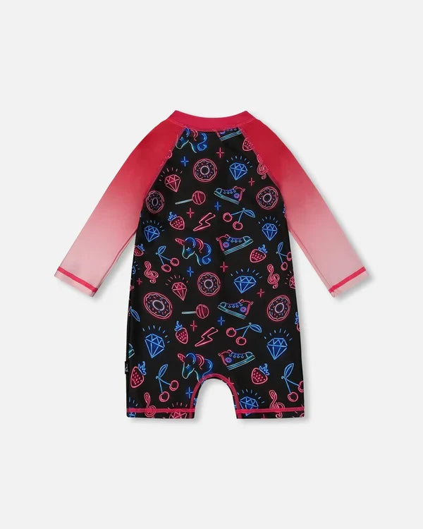 Deux Par Deux Long Sleeve One-Piece Rashguard - Neon