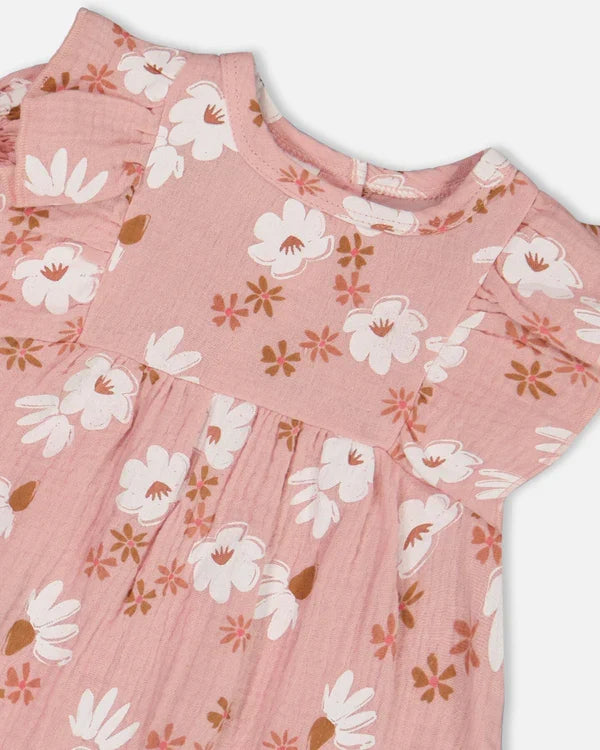 Deux Par Deux Muslin Dress and Bloomer - Printed Pink and White Flowers