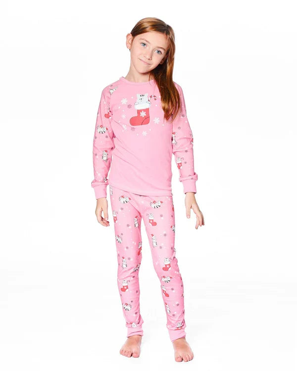 Deux Par Deux Organic Cotton Long Sleeve Pajama Set - Pink Printed Cats & Snowflakes