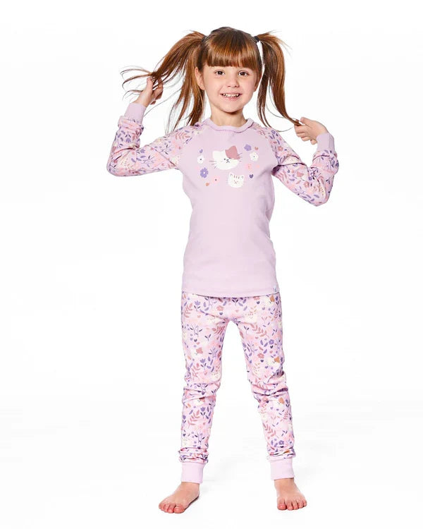 Deux Par Deux Organic Cotton Long Sleeve Pajama Set - Printed Lilac Cats