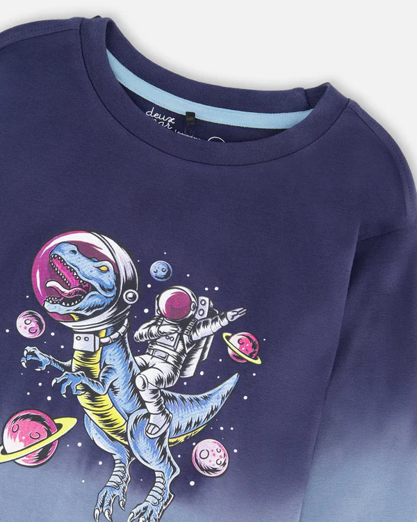 Deux Par Deux Organic Cotton Long Sleeve Tee - Gradient Mood Indigo Space Dino