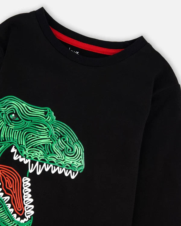 Deux Par Deux Organic Cotton T-Shirt - India Ink Dinosaur