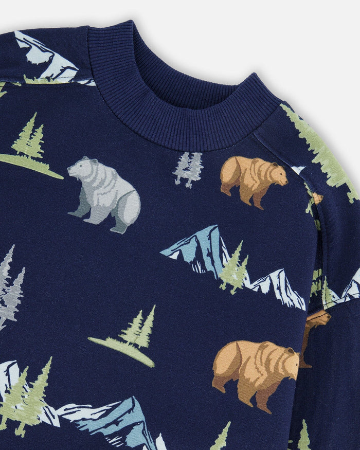 Deux Par Deux Pullover Fleece Sweatshirt - Navy Animals