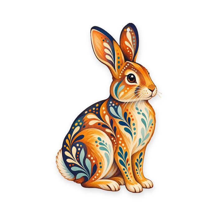 Eastern Cottontail folk art ornament O282 on white, laser-cut maple wood, made in USA