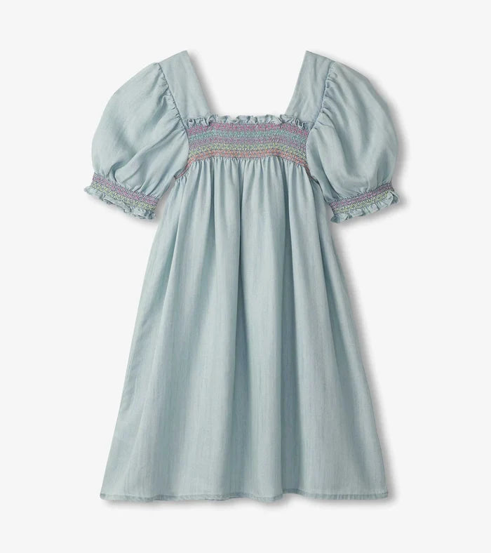 Hatley Puff Sleeve Smocked Dress - Soft Blue Denim