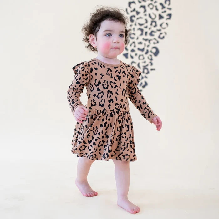 Kyte Baby Long Sleeve Twirl Bodysuit Dress - Latte Leopard