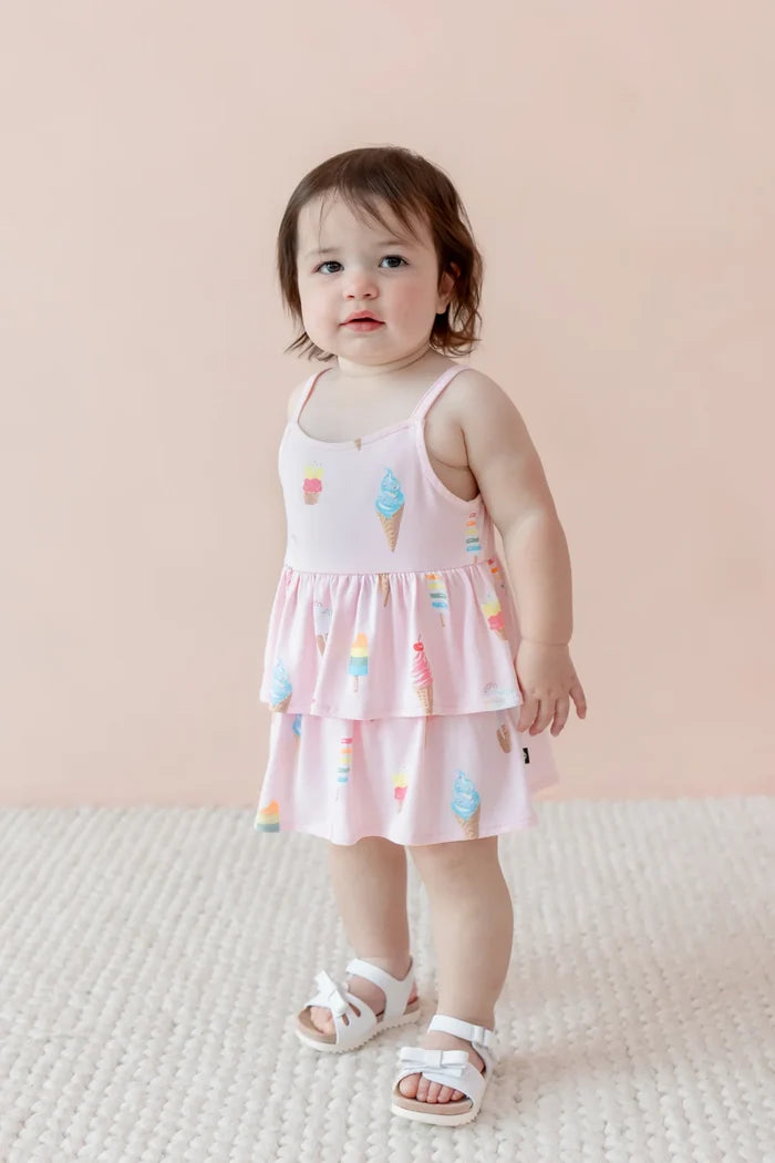 Kyte Baby Spaghetti Strap Ruffle Romper - Sakura Ice Cream