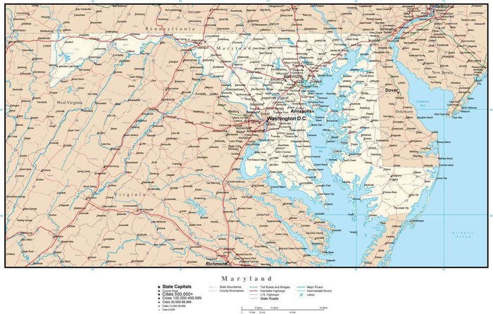 Maryland Map with Capital, County Boundaries, Cities, Roads, and Water Features