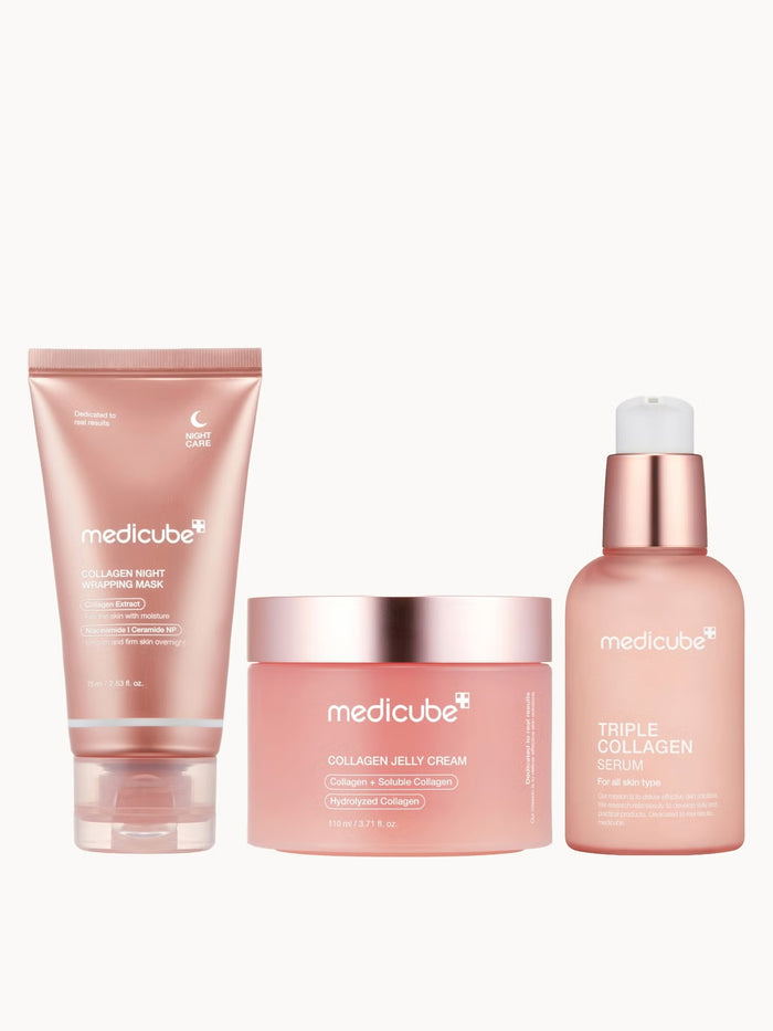 Medicube Collagen Routine Bundle for skin care, featuring various collagen products in a clean, organized set.
