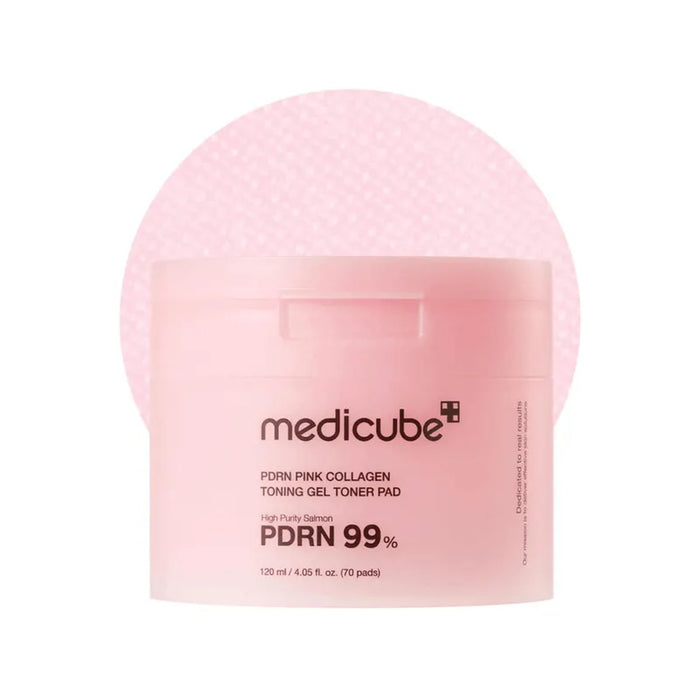 Medicube PDRN Pink Collagen Toning Gel Facial Toner Pads, 70 count, smooth and hydrate skin with collagen-rich toner pads.