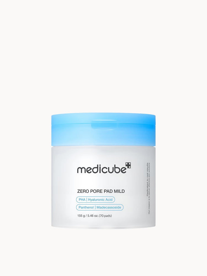 Box of Medicube Zero Pore Pad Mild facial toner pads, 70-piece pack with soft, exfoliating cotton pads for clear skin.