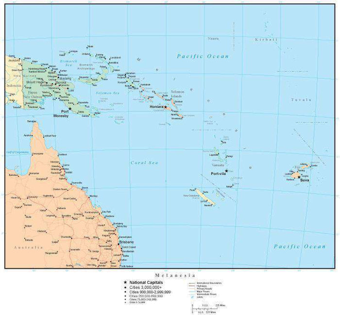 Melanesia Map with Countries, Capitals, Cities, Roads and Water Features