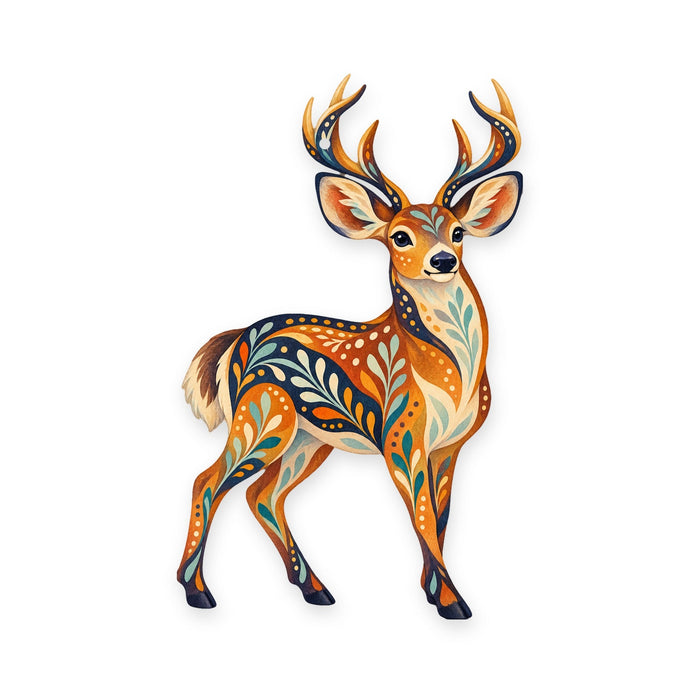 Mule Deer folk art ornament O242 on white, laser-cut maple wood, made in USA
