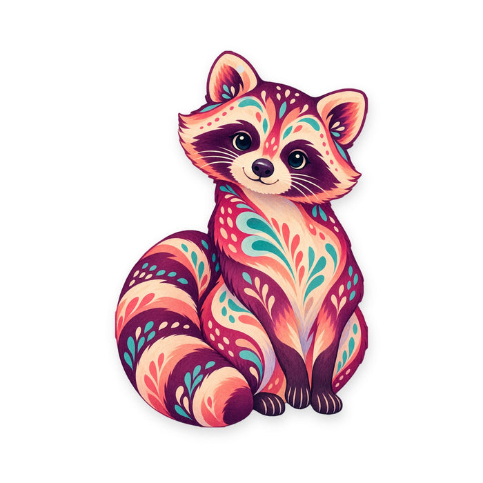 Raccoon folk art ornament O268 on white, laser-cut maple wood, made in USA
