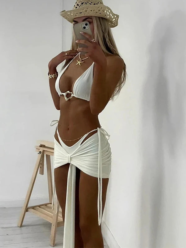 Solid Color Hollow Out with Metal 3 Pieces Drawstring Bikini Set