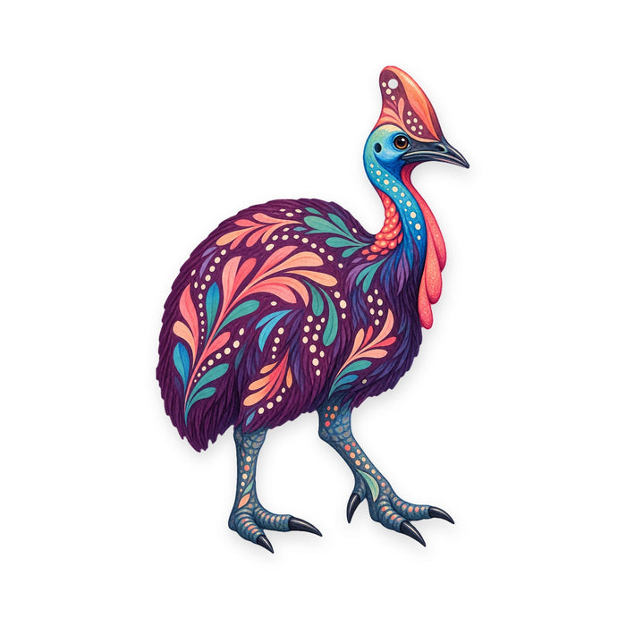 Southern Cassowary folk art ornament O524 on white, laser-cut maple wood, made in USA