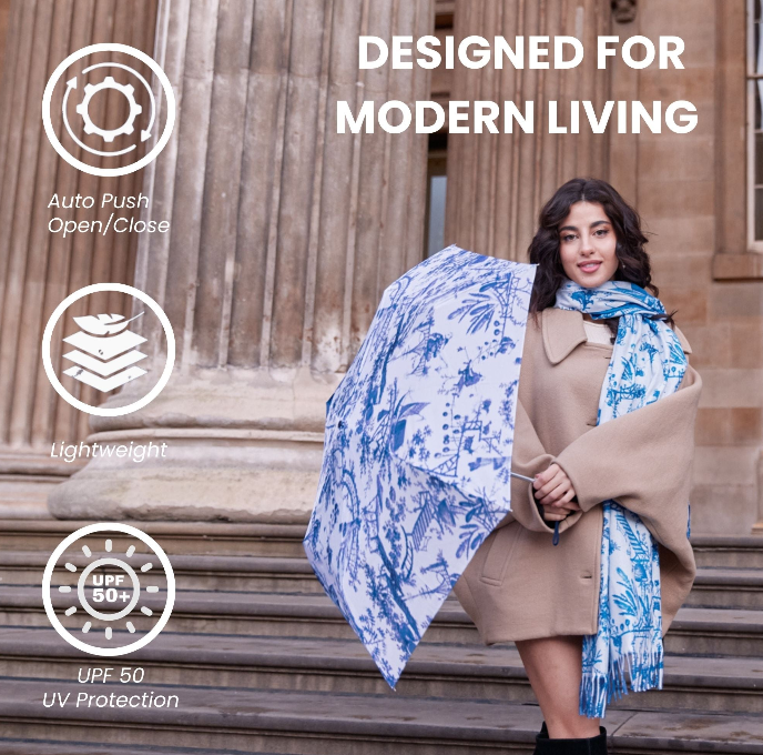 UM-AUTO-BM-CHINO | The British Museum Chinoiserie Blue and White Automatic Folding Umbrella