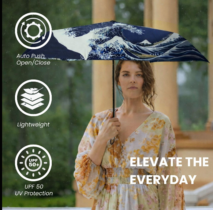 UM-AUTO-BM-WAVE | The British Museum - Great Wave off Kanagawa Navy Blue Automatic Folding Umbrella