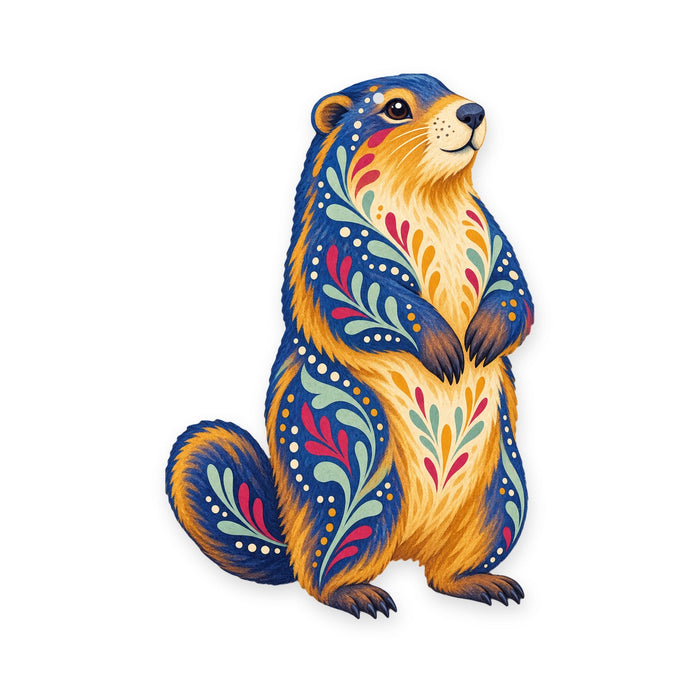 Yellow-Bellied Marmot folk art ornament O277 on white, laser-cut maple wood, made in USA