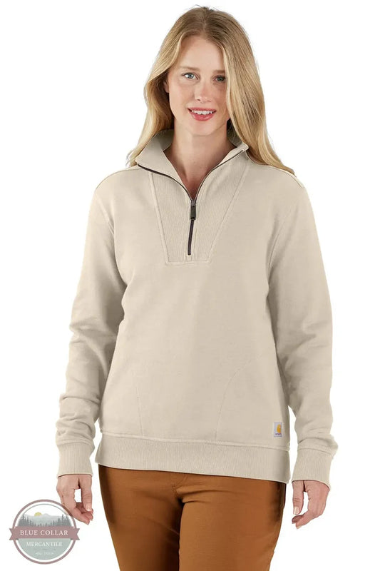 Carhartt 106451 TENCEL™ Fiber Series Relaxed Fit Half-Zip Sweatshirt a16 oat milk model front