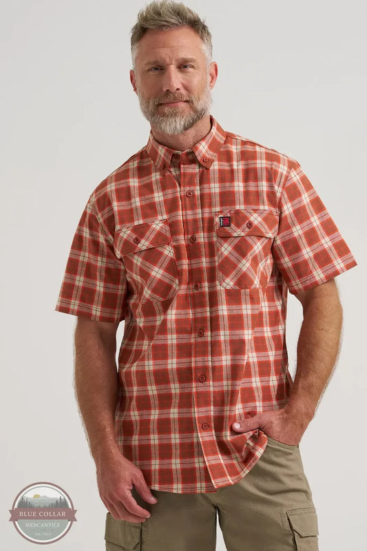 Wrangler 112374632 Riggs Workwear Foreman Plaid Work Shirt in Rust Plaid Front view