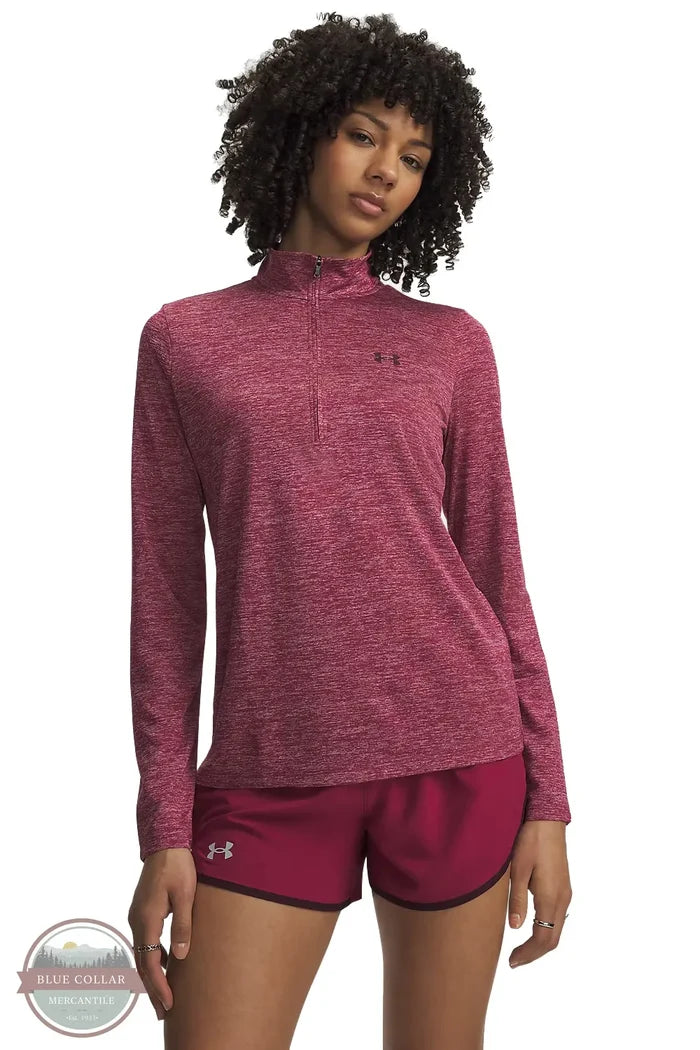 Under Armour 1384225-622 Women's UA Tech Twist Long Sleeve Half Zip Pullover in Claret / Oxblood front view