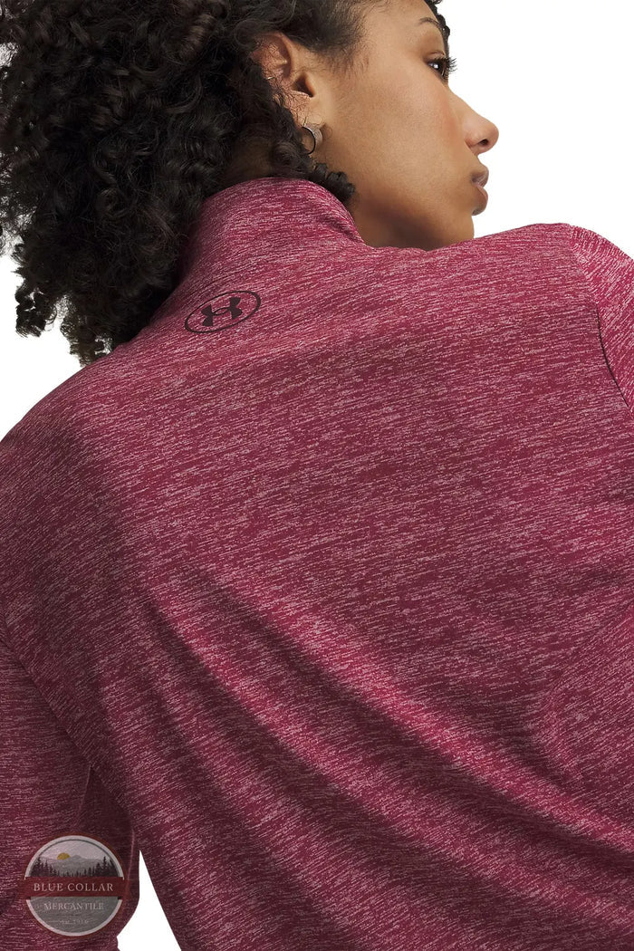 Under Armour 1384225-622 Women's UA Tech Twist Long Sleeve Half Zip Pullover in Claret / Oxblood detail of back logo placement