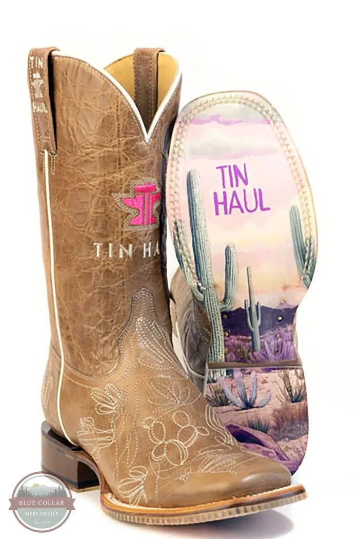 Tin Haul 14-021-0102-5088 TA Women's Cacatillow Western Boots - Broad Square Toe one standing up one showing the sole