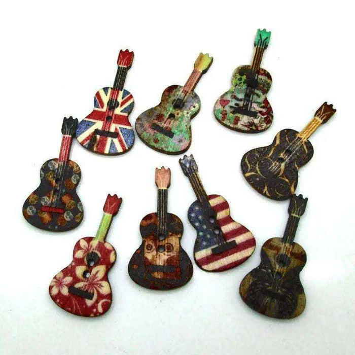 Bulk 50-piece set of mini unfinished wooden guitar shapes for DIY music crafts.