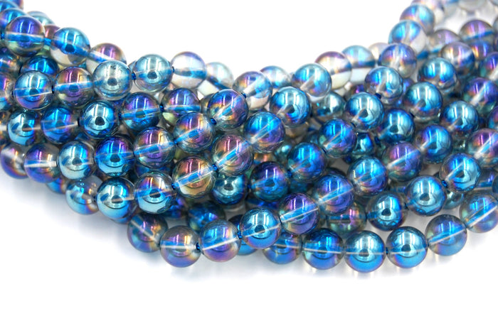 8mm  Angel Aura Crystal Quartz (AB plated Blue) Round A grade Beads  -15.75 inch strand
