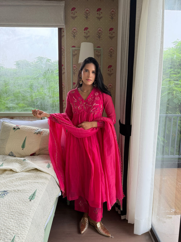 Hot Pink Floral Chanderi Kurta Set
