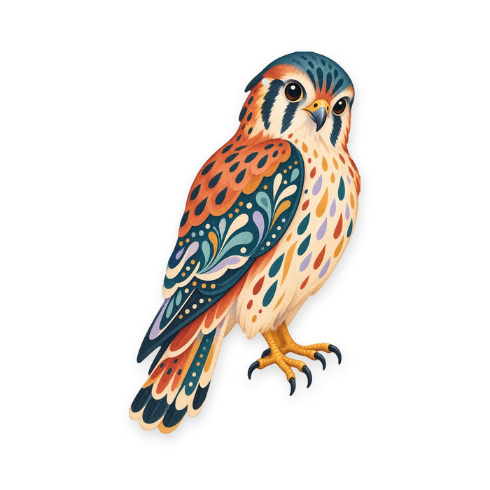 American Kestrel folk art ornament O295 on white, laser-cut maple wood, made in USA