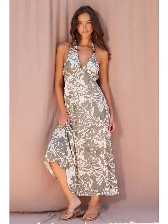 Ash Olive Floral Halter Dress