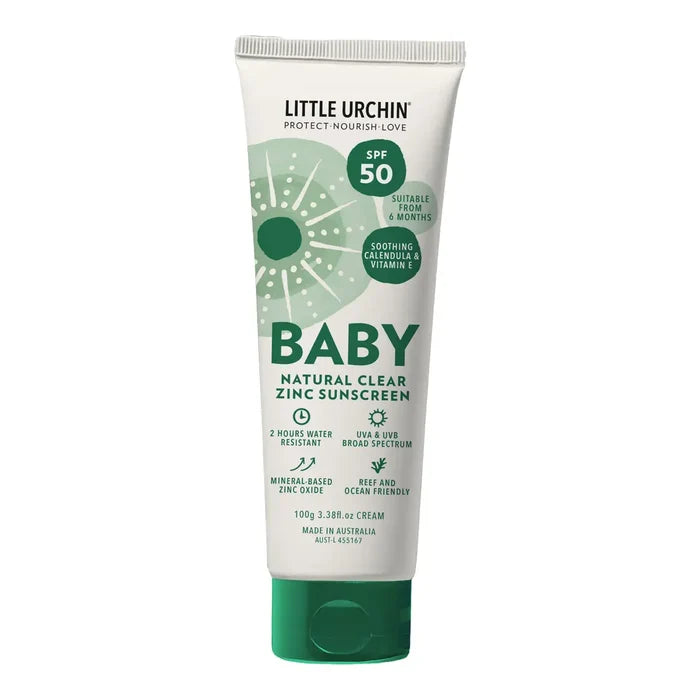 A tube of Little Urchin Baby Natural Clear Zinc Sunscreen SPF 50, featuring a white tube with green text and graphics, and a green cap.