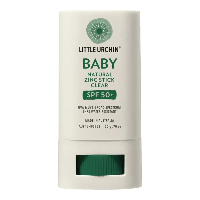 A white stick container of Little Urchin Baby Natural Zinc Stick Clear SPF 50+ with green text and a green cap window, shown on a plain white background.