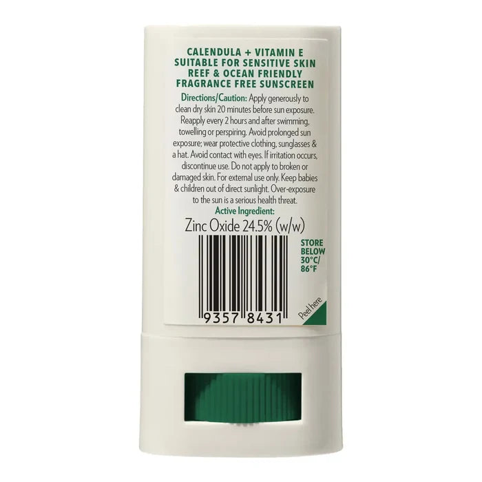 The back of a baby sunscreen tube with a label showing ingredients and logos on a white background.